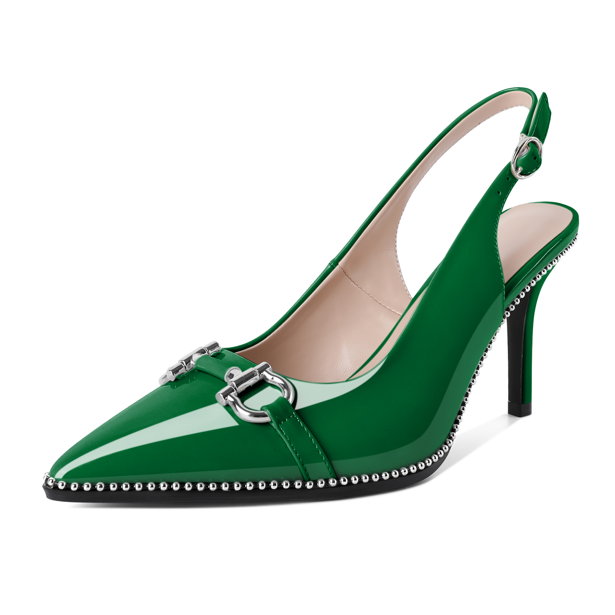 Women's green patent high heels with slingback strap, pointed toe, and silver bead detail
