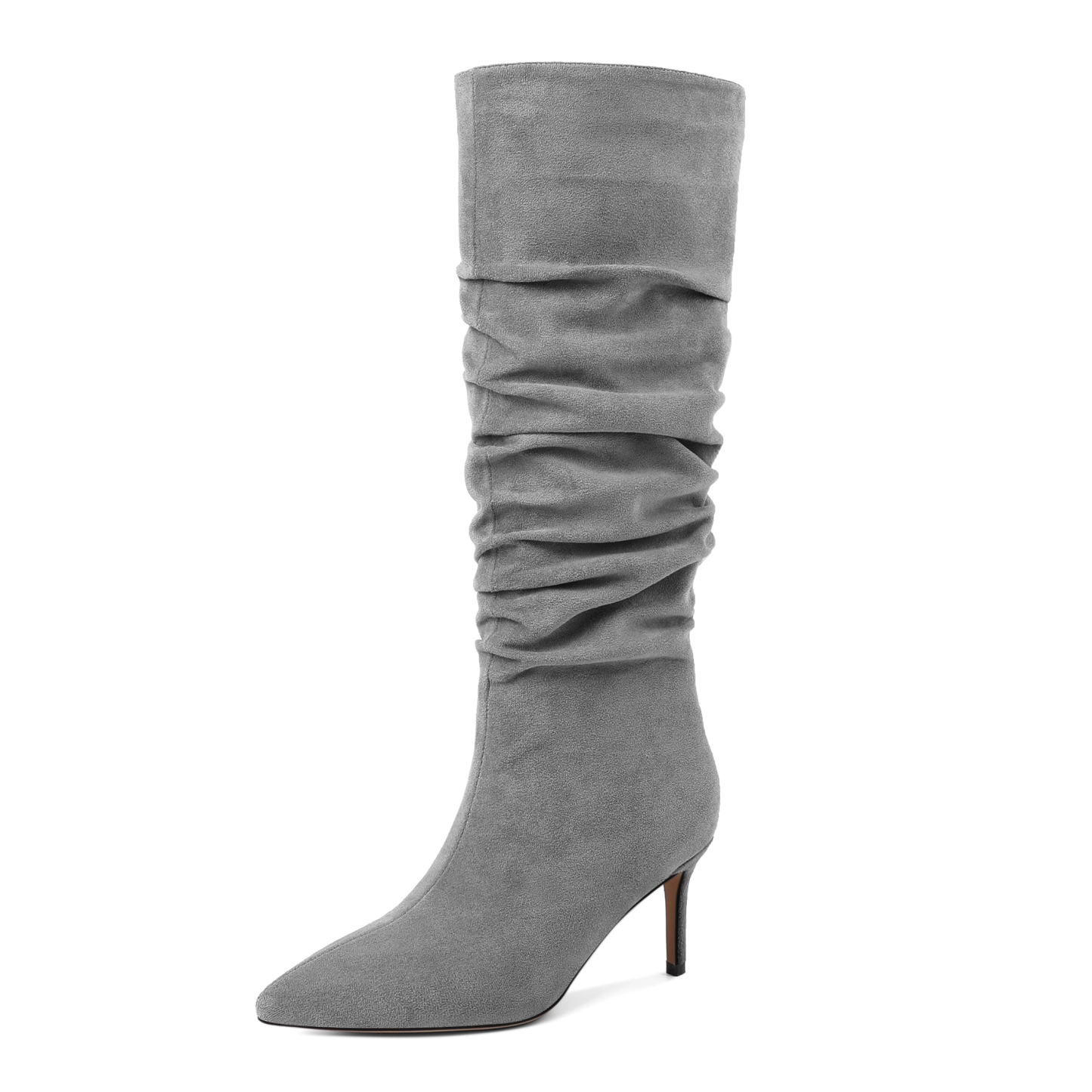 SAMMITOP Slouchy Knee High Boots Mid Calf Boots Kitten Heel Pointed Toe Pull On Long Boots 