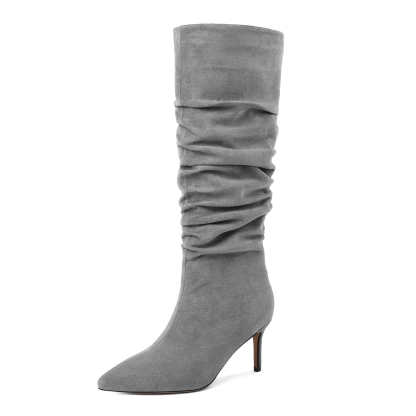SAMMITOP Slouchy Knee High Boots Mid Calf Boots Kitten Heel Pointed Toe Pull On Long Boots 