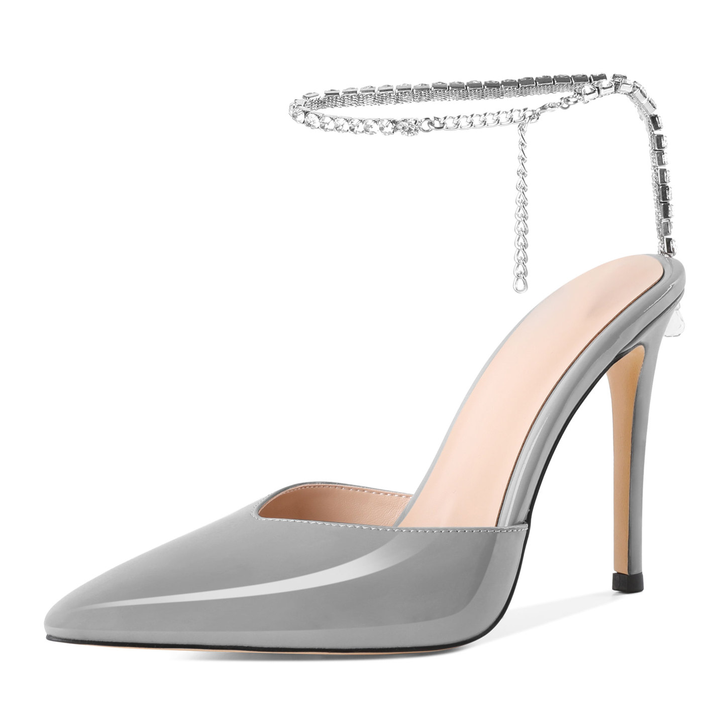 SAMMITOP 4 Inch Grey crystal ankle chain stilettos with closed pointed toe design