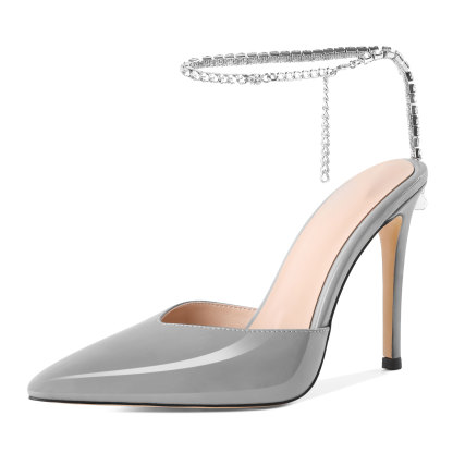 SAMMITOP 4 Inch Grey crystal ankle chain stilettos with closed pointed toe design
