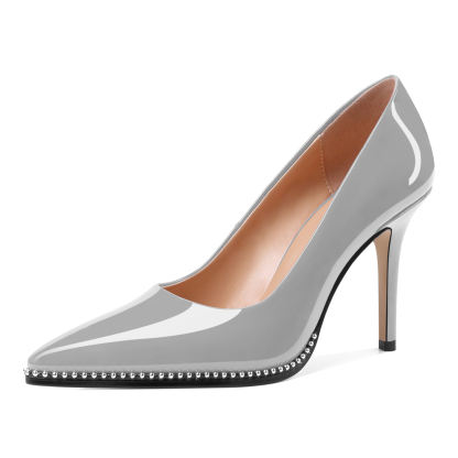 grey patent leather heels with decorative silver beads