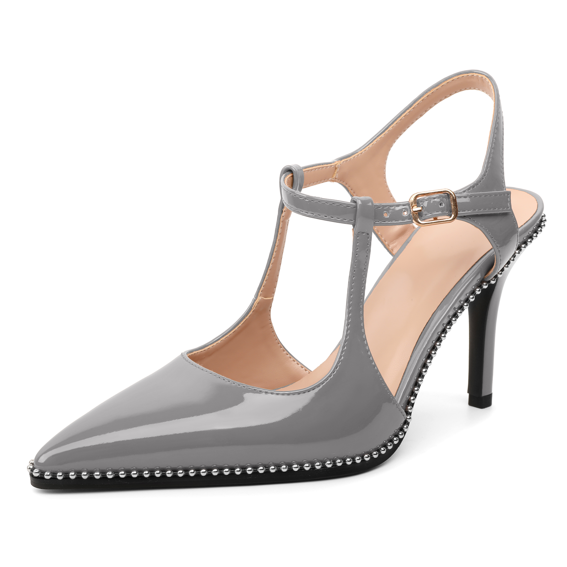 Grey beaded stiletto heels with closed pointed toe and ankle buckle