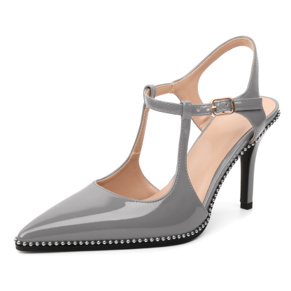 Grey beaded stiletto heels with closed pointed toe and ankle buckle