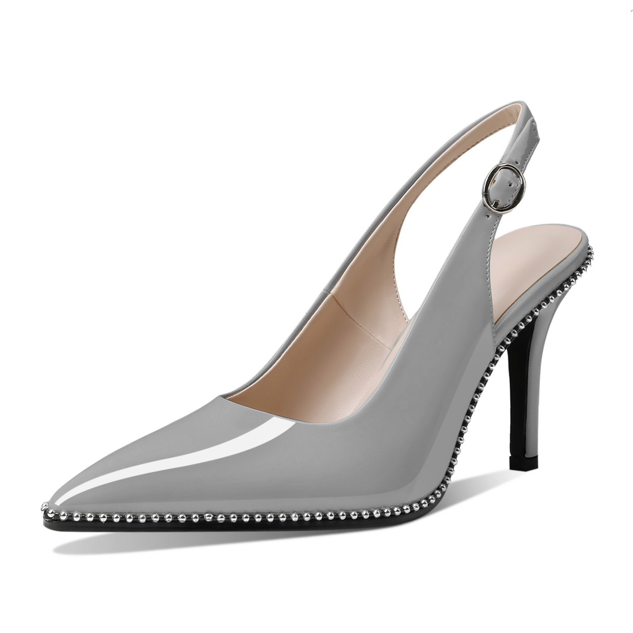 Grey 3.5 Inch Slingback Heels with Classic Pointed Toe and Silver Beads