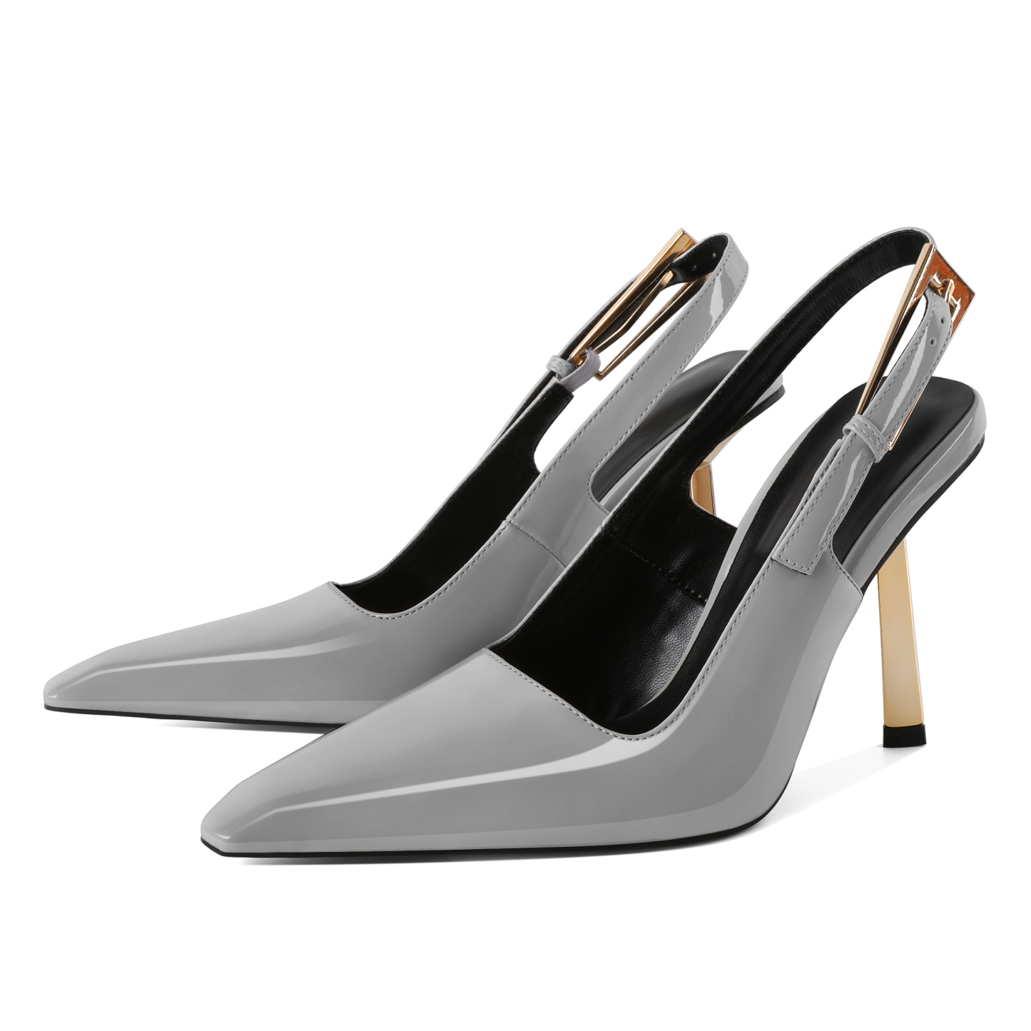 Grey metallic gold stiletto slingback shoes with square-cut vamp – sophisticated heels for work or events