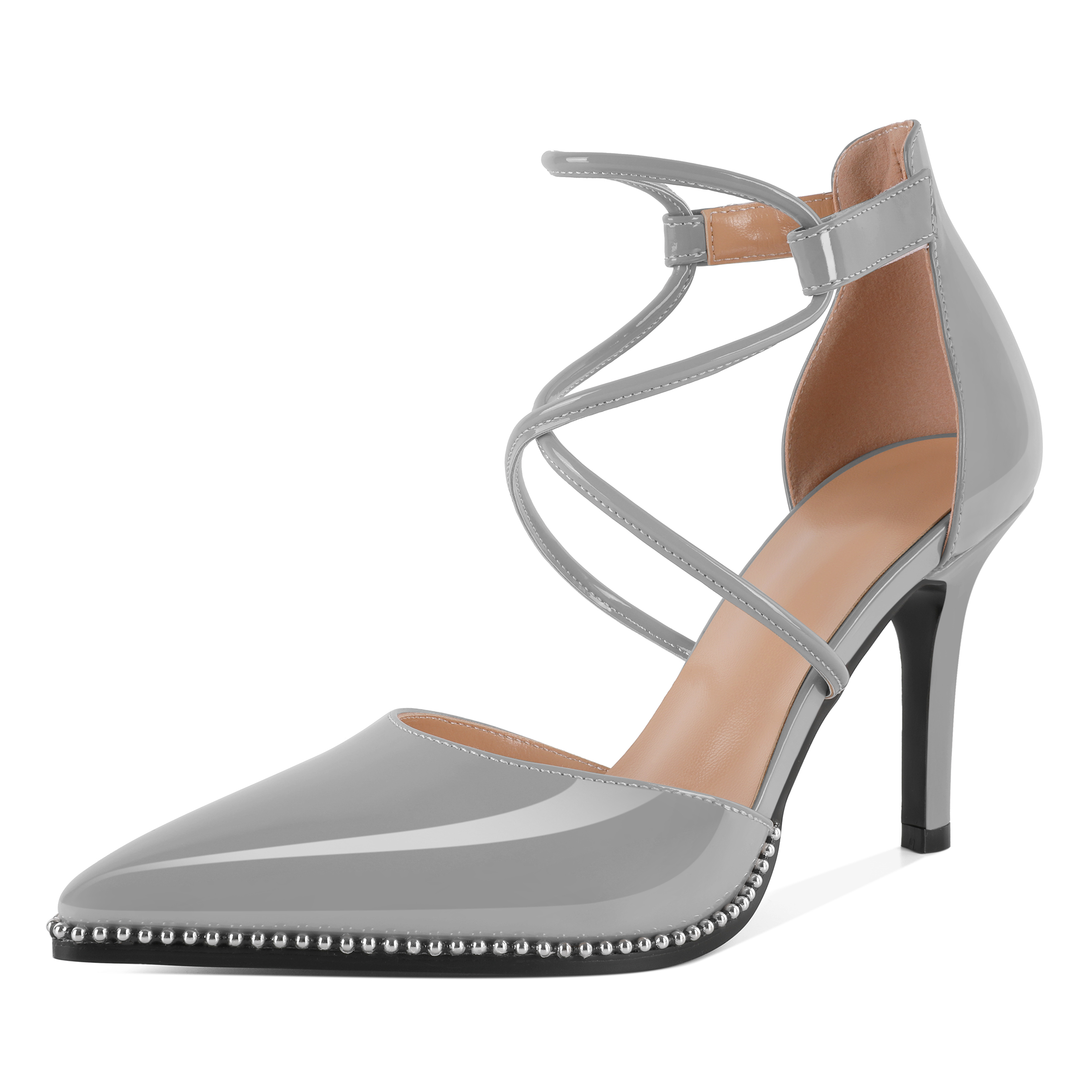 SAMMITOP 3.5 Inch Light grey criss-cross stiletto pumps with metallic bead trim and high gloss finish