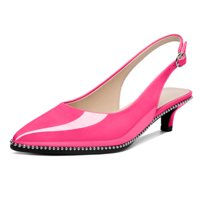 Pink pointed toe kitten heels with slingback strap and beads
