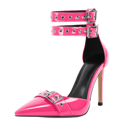 Vibrant hot pink heels with metallic glam twist