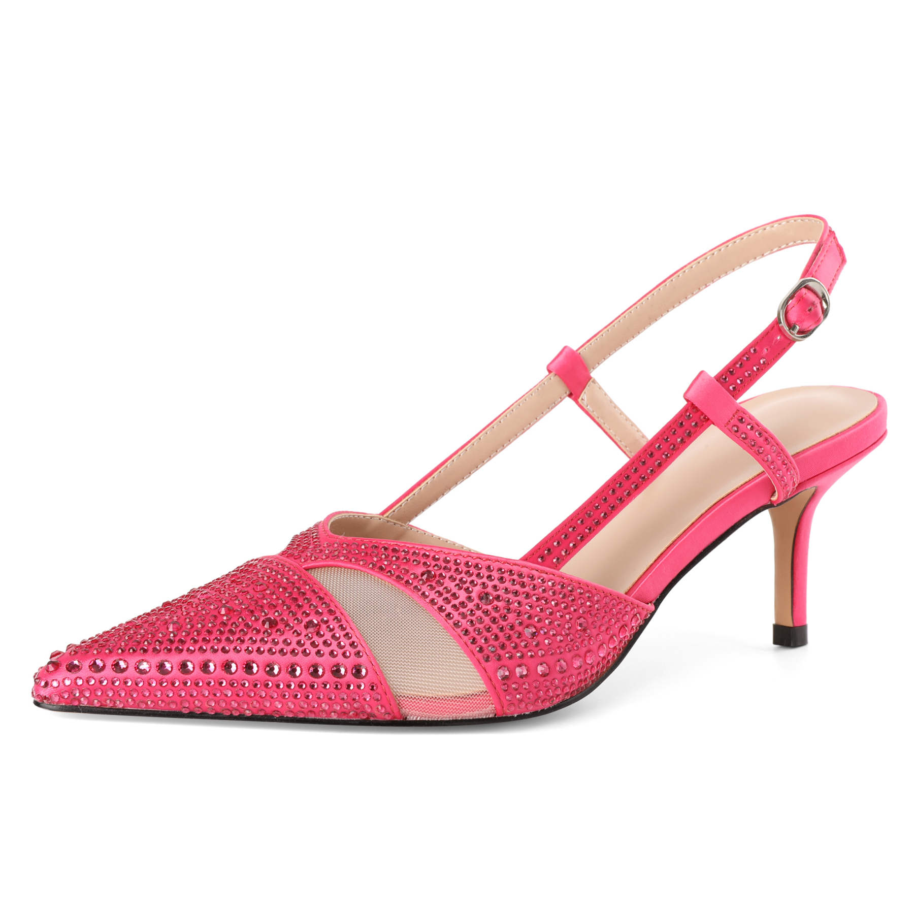 SAMMITOP Pink pointed toe mesh slingback heels with crystals, 2.75 inch mid heels