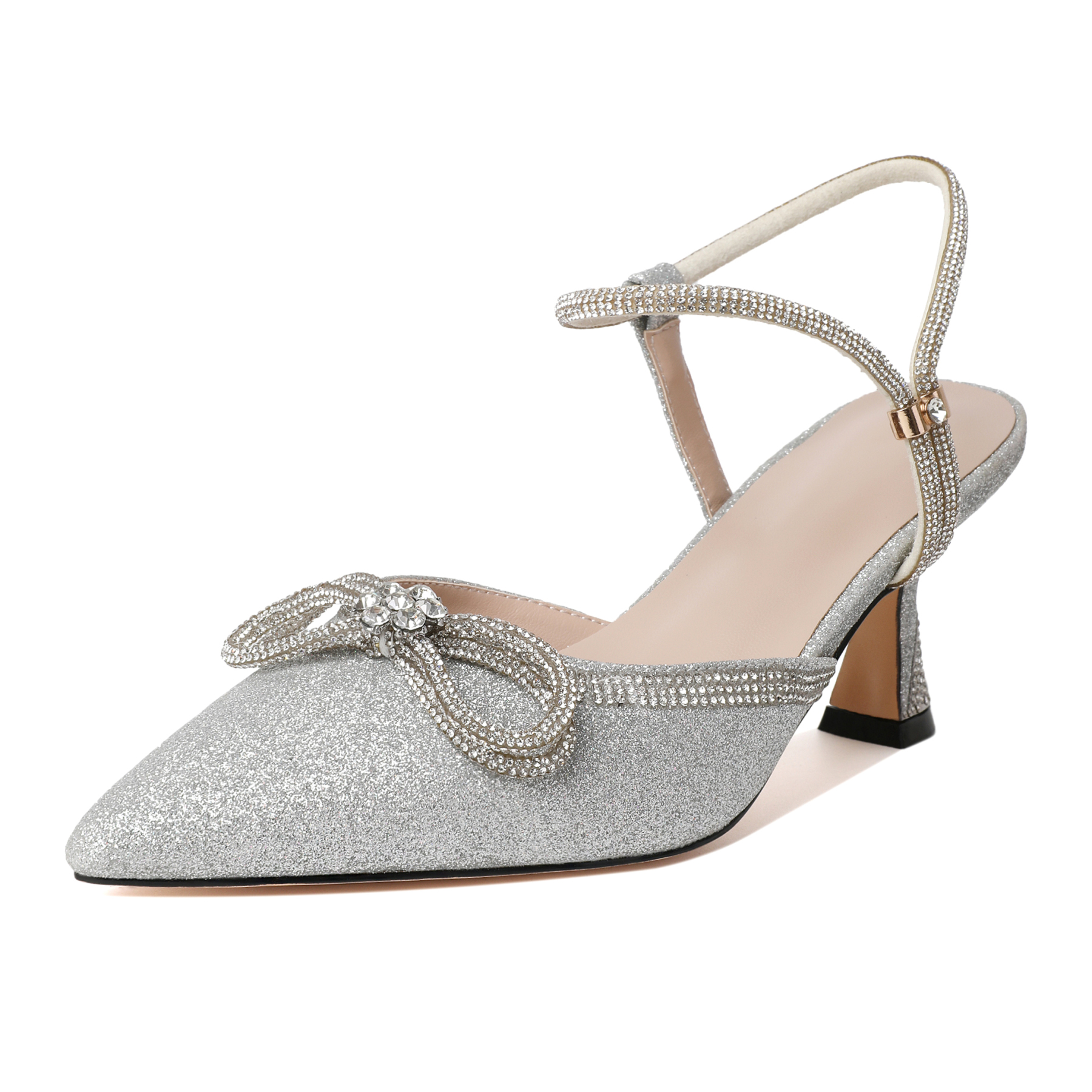 SAMMITOP Silver Rhinestone Bow Low Heel Pumps Featuring Sparkling Details