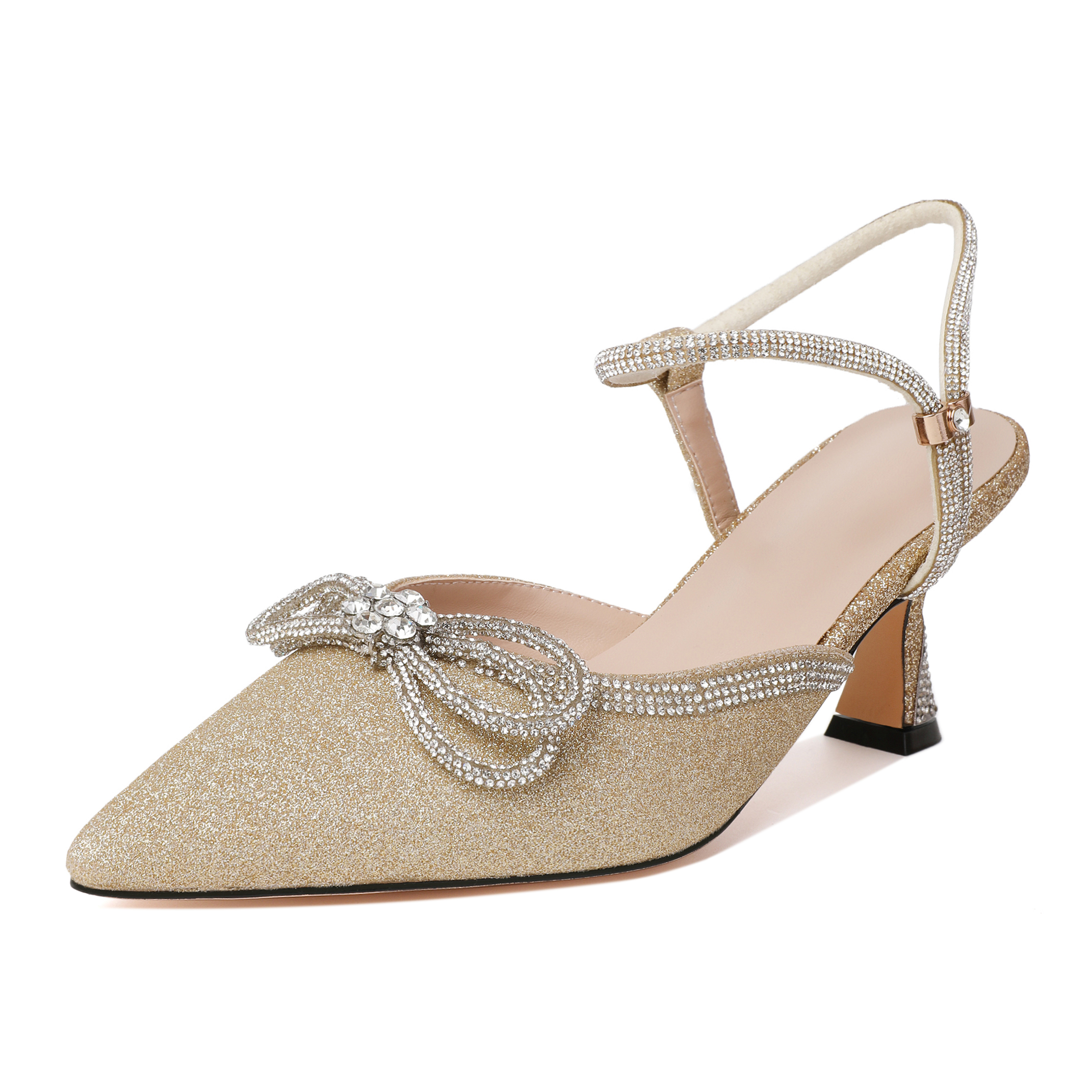 SAMMITOP Gold Rhinestone Bow Low Heel Pumps with Elegant Sparkle