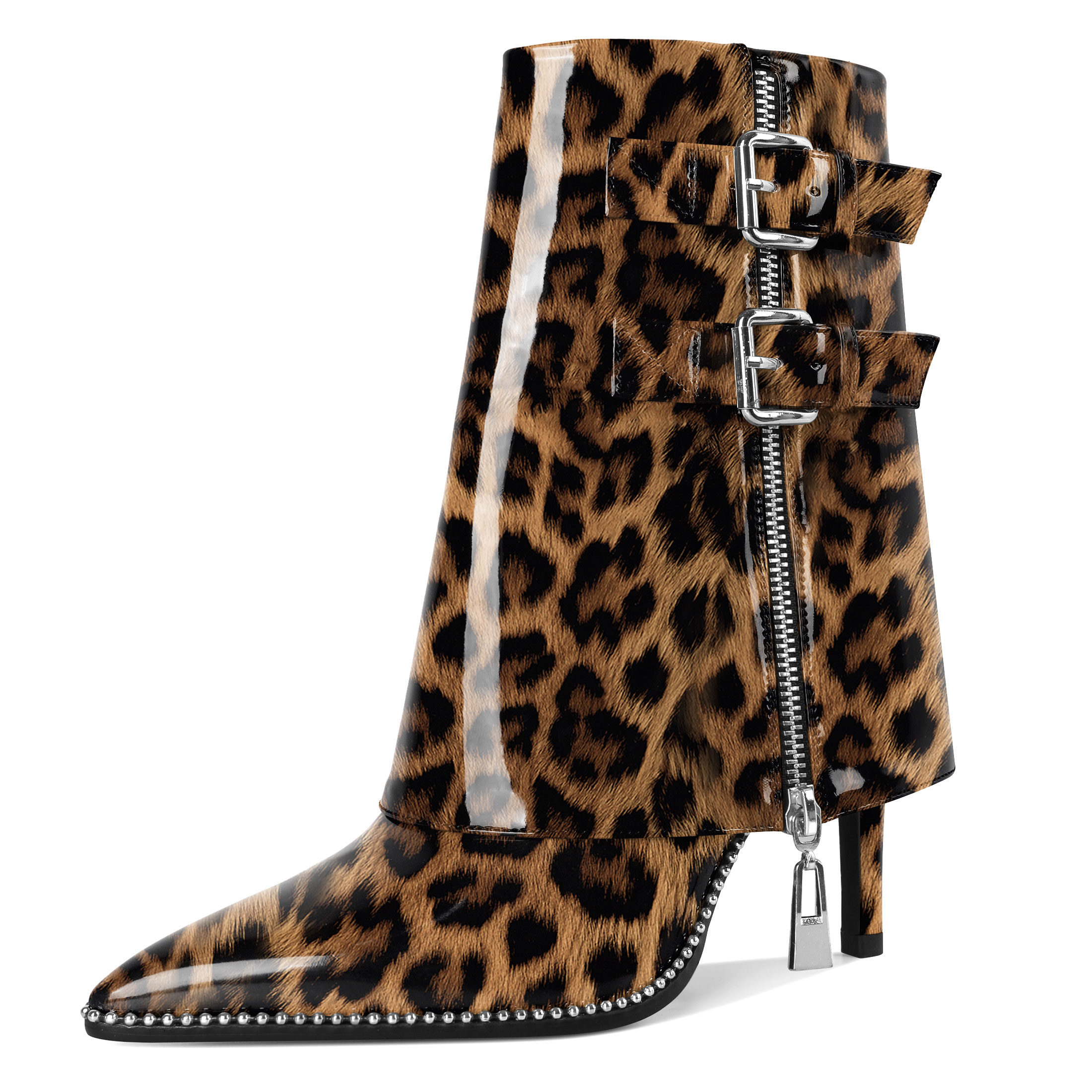 Sammitop Ankle Boots for Women Fold Over Stiletto High Heel Pointed Toe Beaded Fall Short Booties Buckle Strap Side Zipper 3.5 Inches