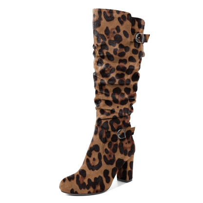 Sammitop Slouchy High Heel Boots for Women Knee High Chunky Heel Boots Round Toe Slouch Metal Buckle Side Zipper Tall Boots 3.5 Inches