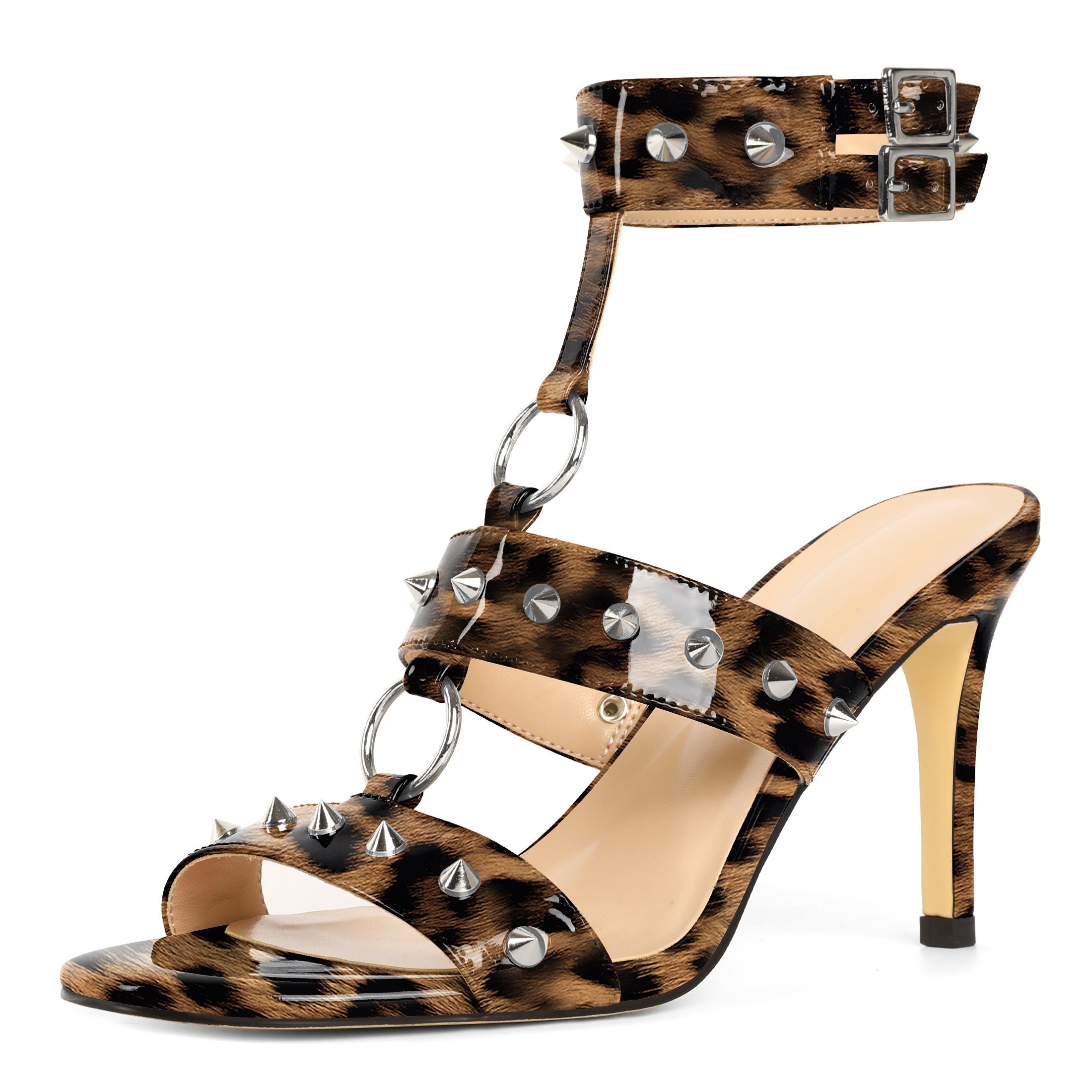 SAMMITOP 3.5'' Leopard Round Studded Stiletto Heels Sandals