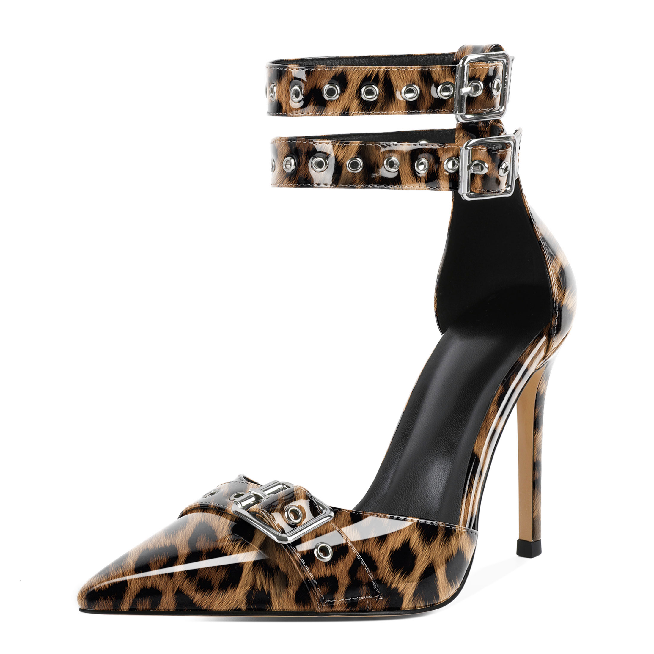 Leopard pointed toe pumps with punk-inspired detailing