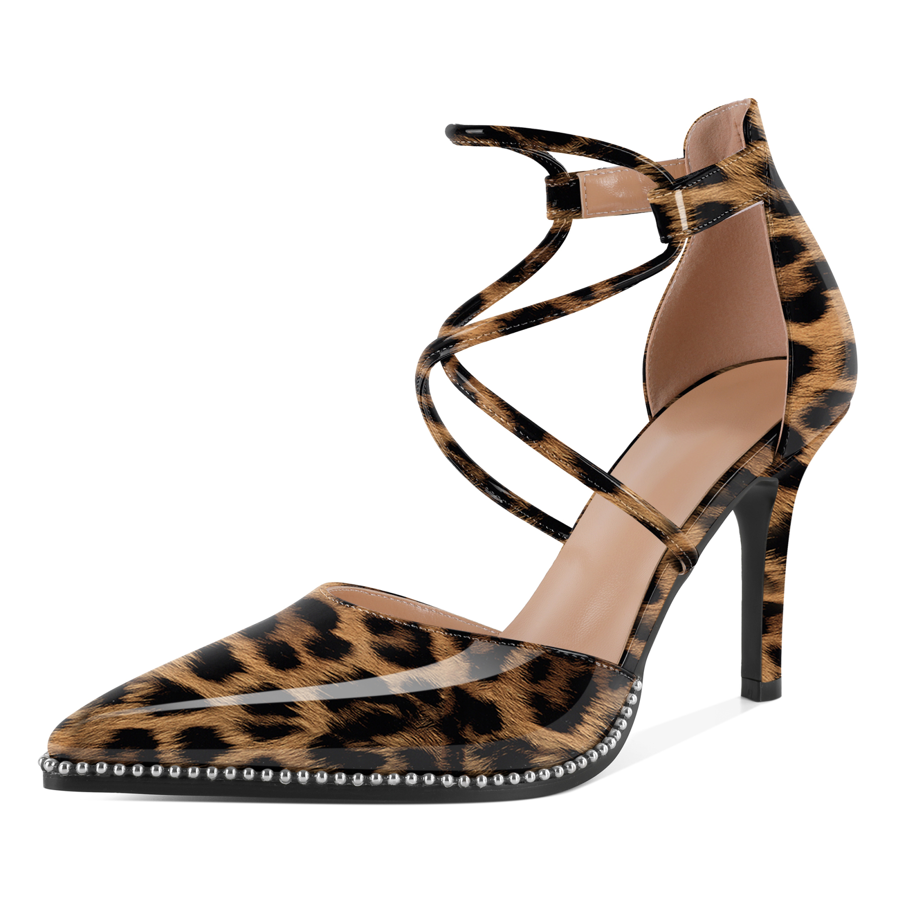 SAMMITOP Glossy leopard pointed heels with 3.5-inch slim heel and ankle chain detailing

