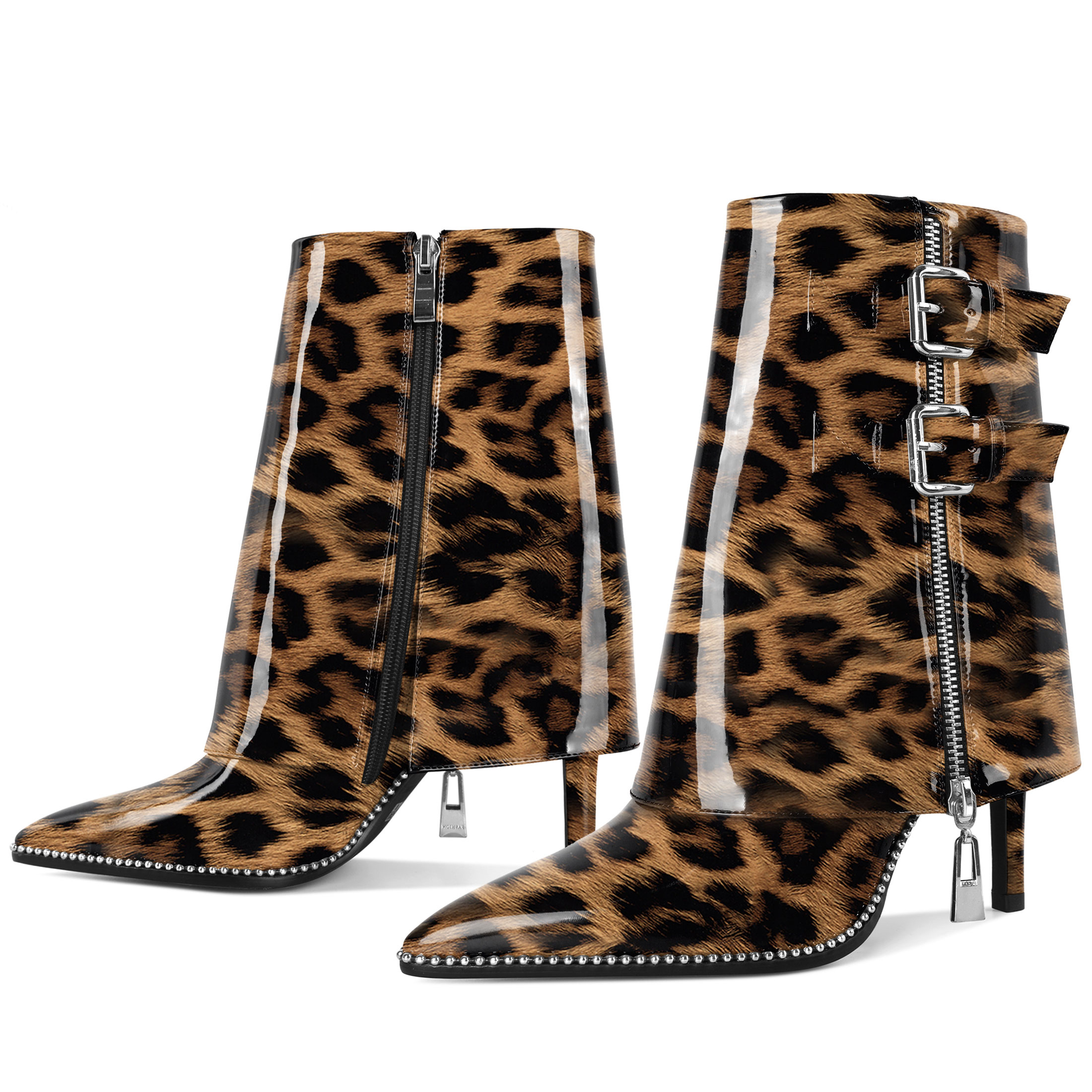 Sammitop Ankle Boots for Women Fold Over Stiletto High Heel Pointed Toe Beaded Fall Short Booties Buckle Strap Side Zipper 3.5 Inches