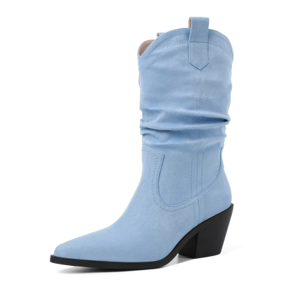 SAMMITOP Light Blue Faux Suede Mid Calf Cowboy Booties