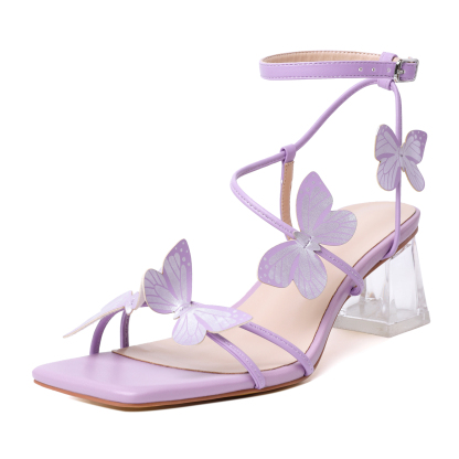 Purple butterfly strap clear block heels with square open toe