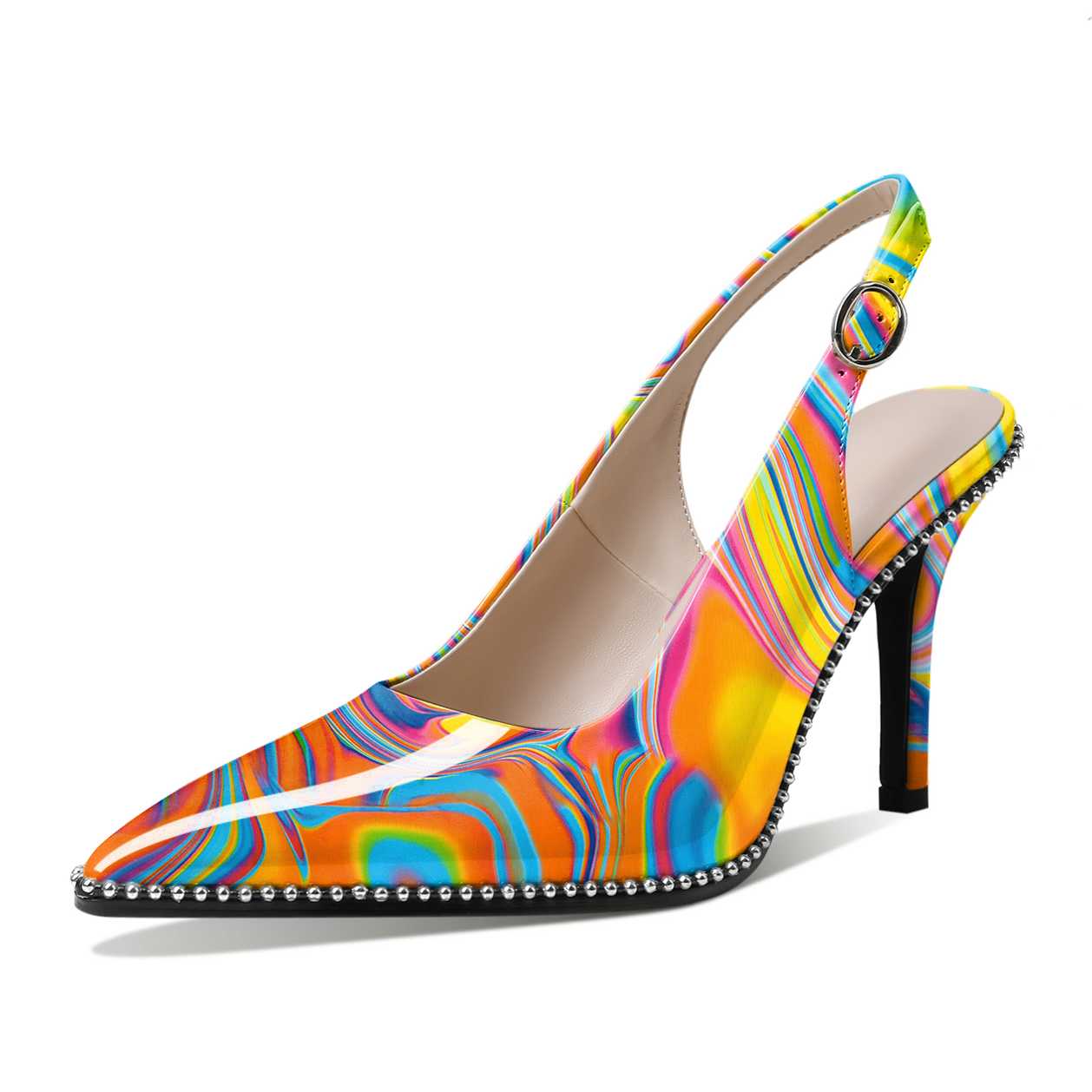 Multicolor Slingback Stilettos with Silver Beads and Statement Style
