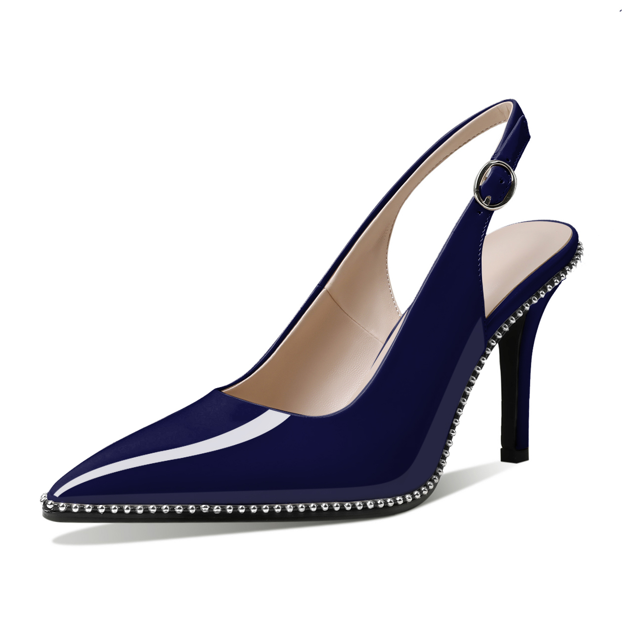 Navy Blue Patent Leather Slingback Heels with Silver Beaded Accents