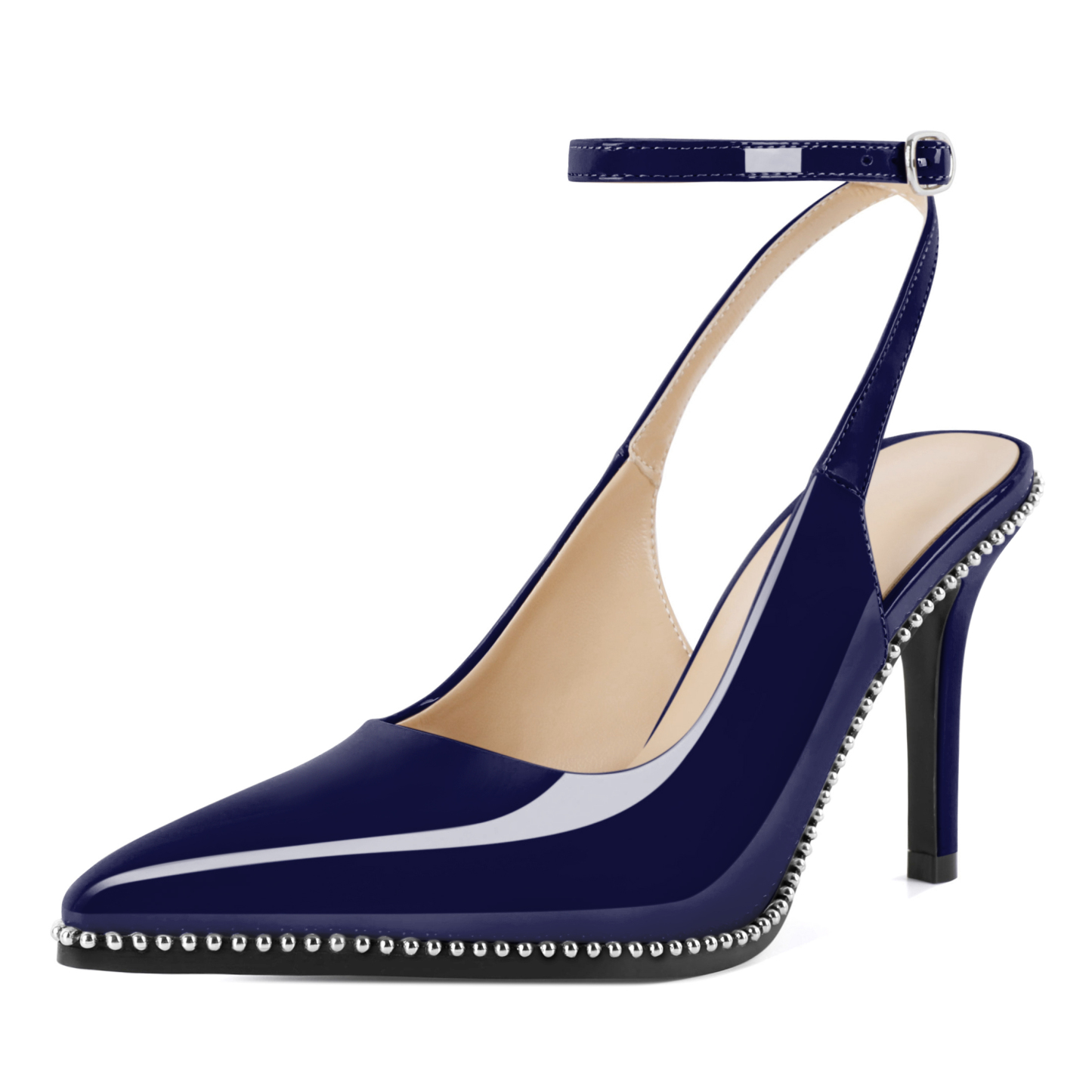 Navy blue ankle strap slingback heels with 3.5" stiletto for women