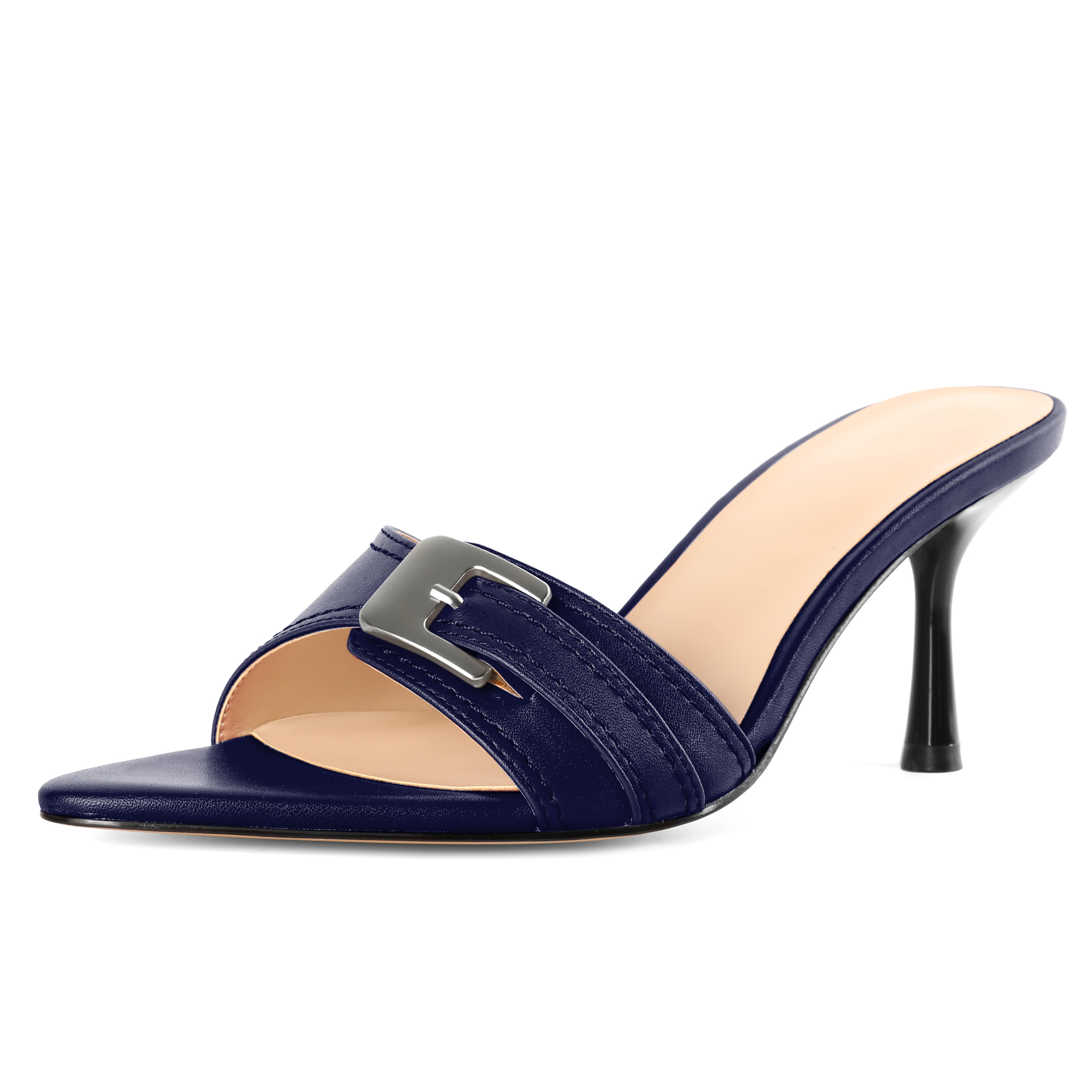 Navy pointed toe heels with buckle and 2.95" mid heel