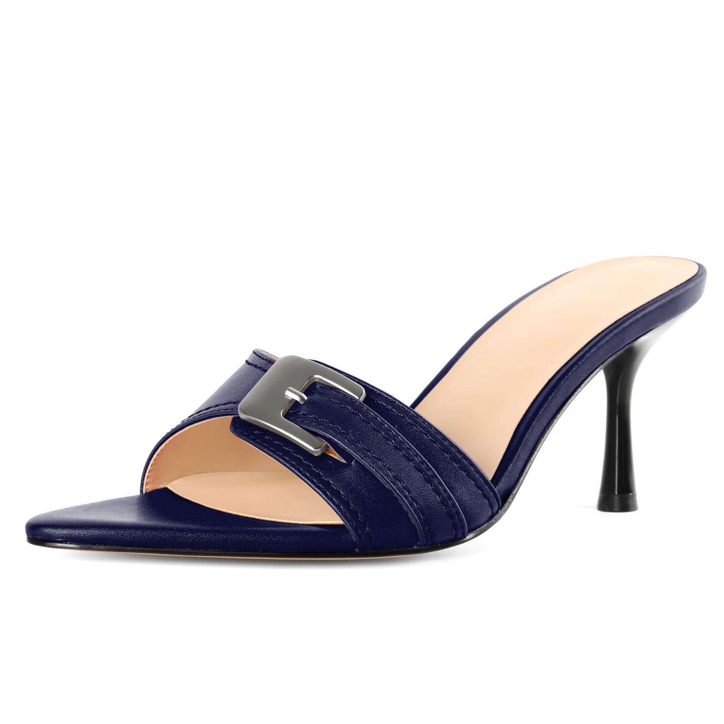 Navy pointed toe heels with buckle and 2.95" mid heel
