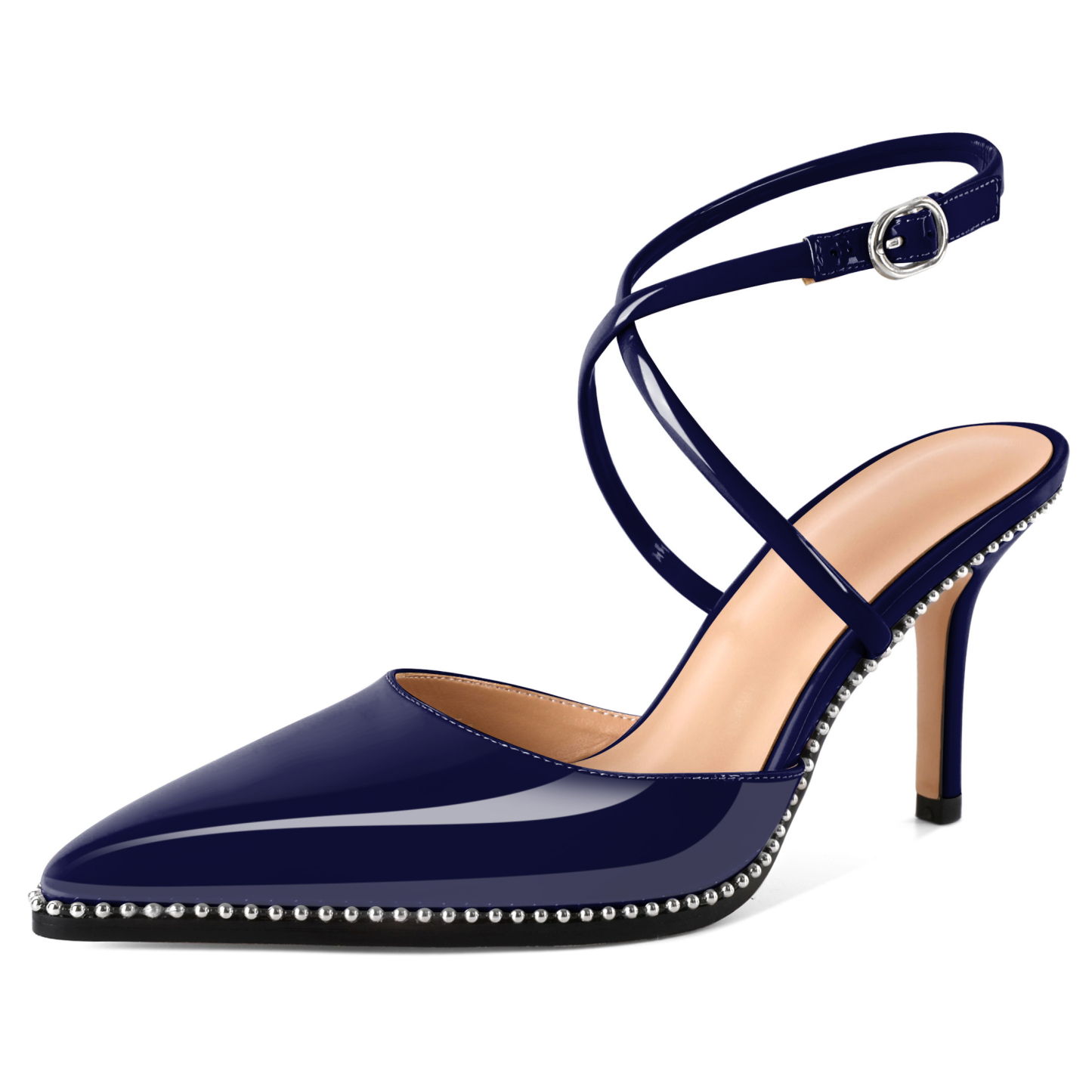 SAMMITOP 3.5 Inch navy beige stiletto heels with elegant ankle strap and subtle beadwork