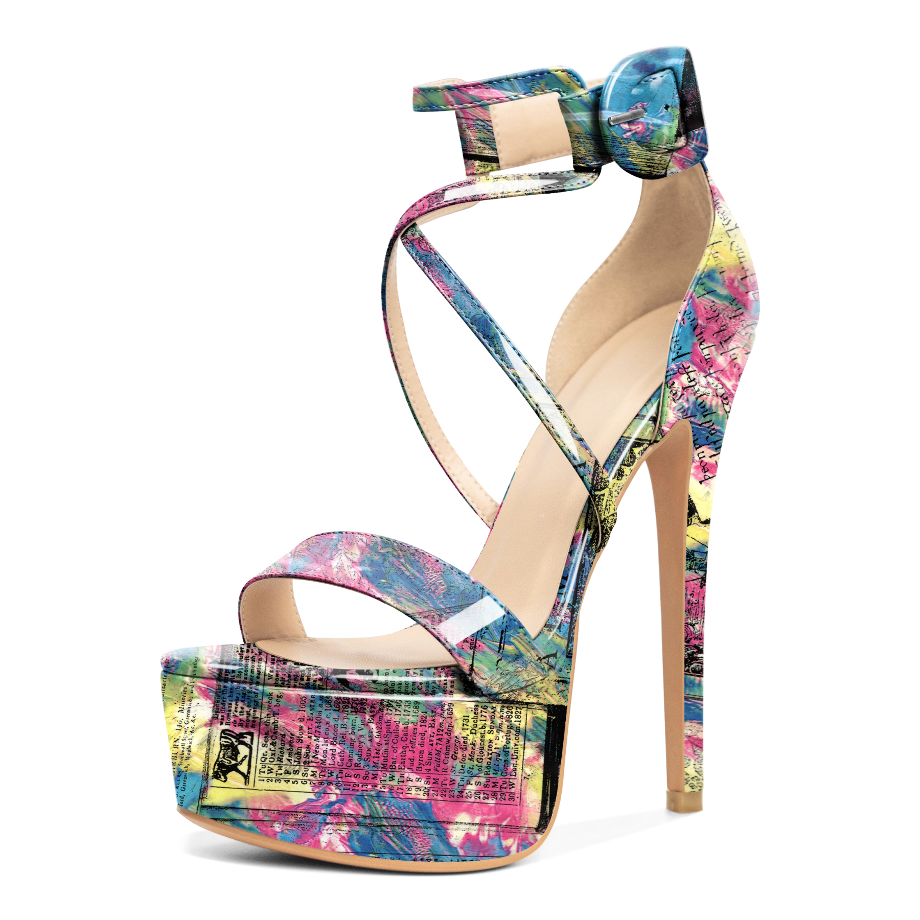 Pink newspaper print heels with platform and stiletto