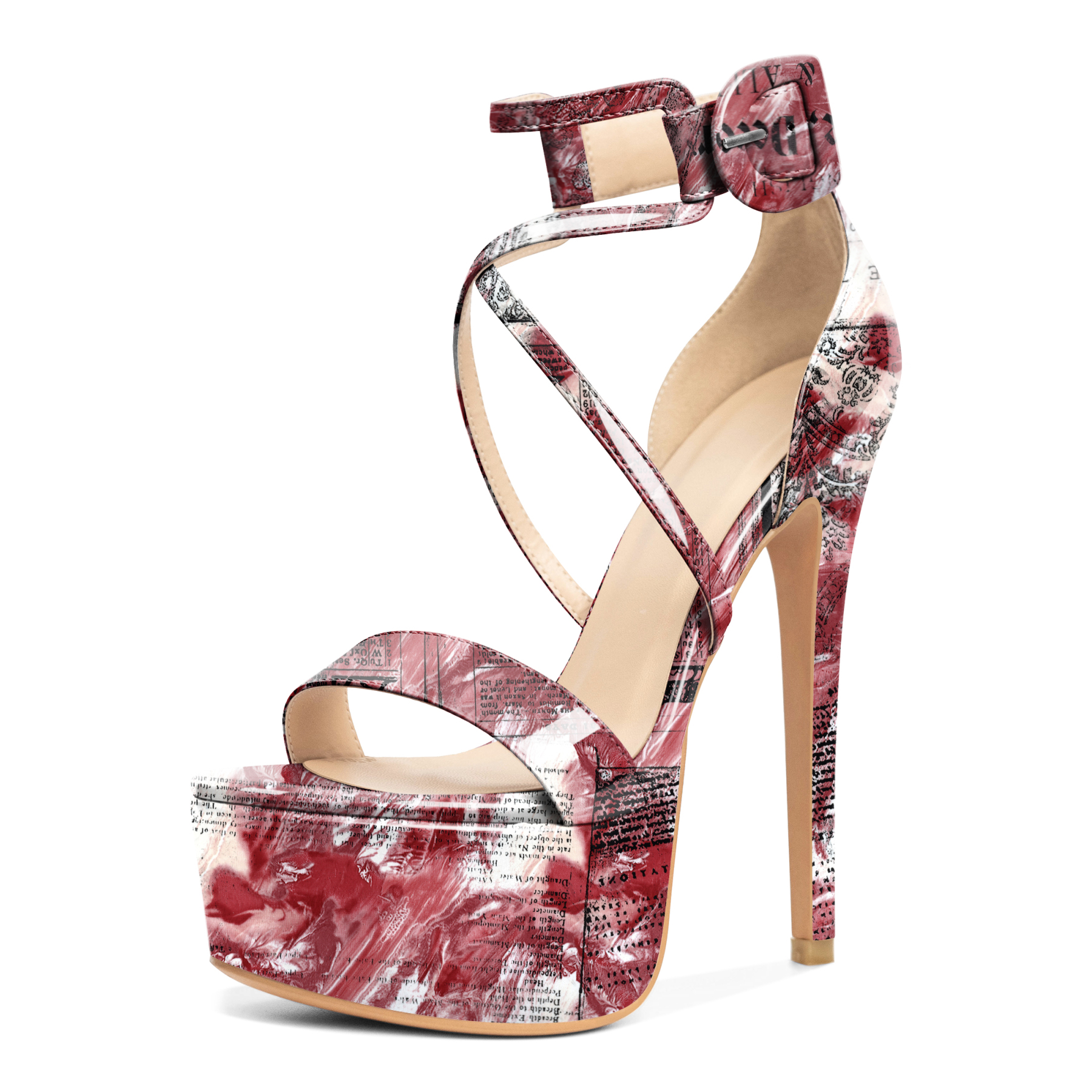 SAMMITOP red newspaper print heels 6-inch platform