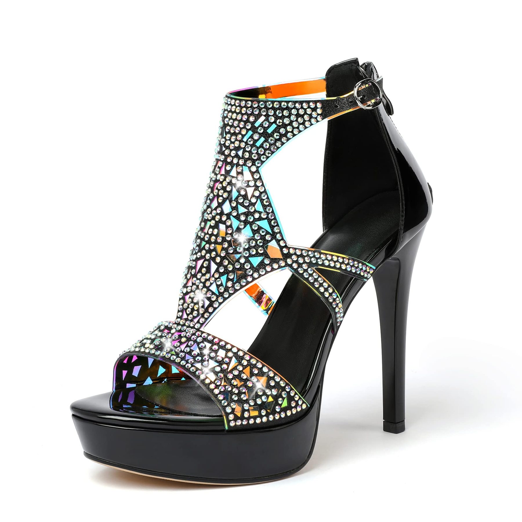 Black rhinestone platform heels front view