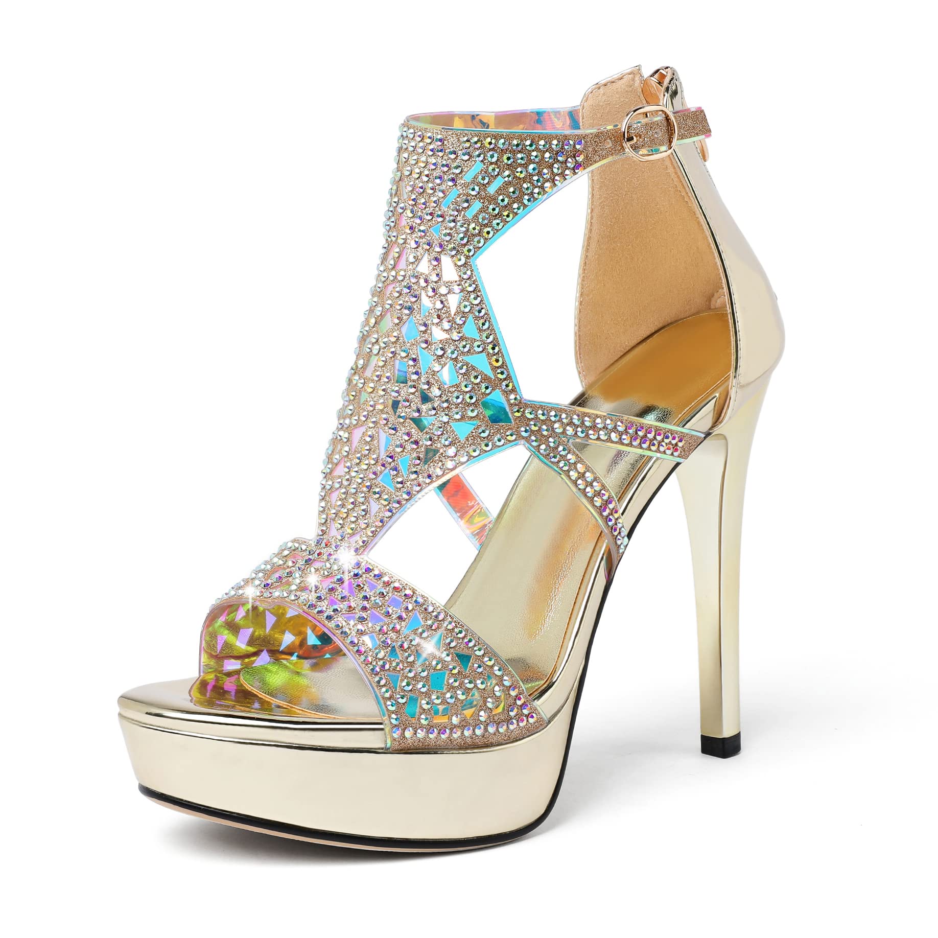 Gold platform stiletto heels with rhinestone straps