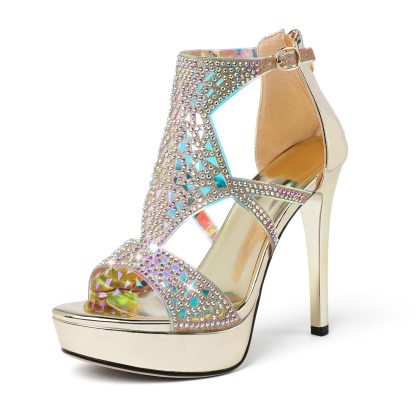 Gold platform stiletto heels with rhinestone straps