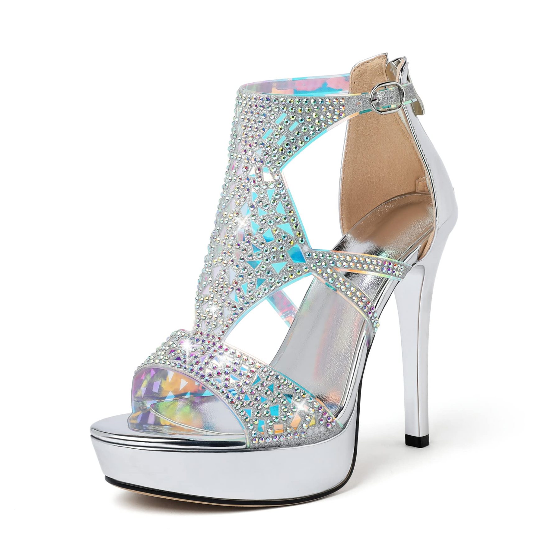 Silver strappy platform heels with glittering rhinestones