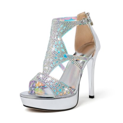 Silver strappy platform heels with glittering rhinestones
