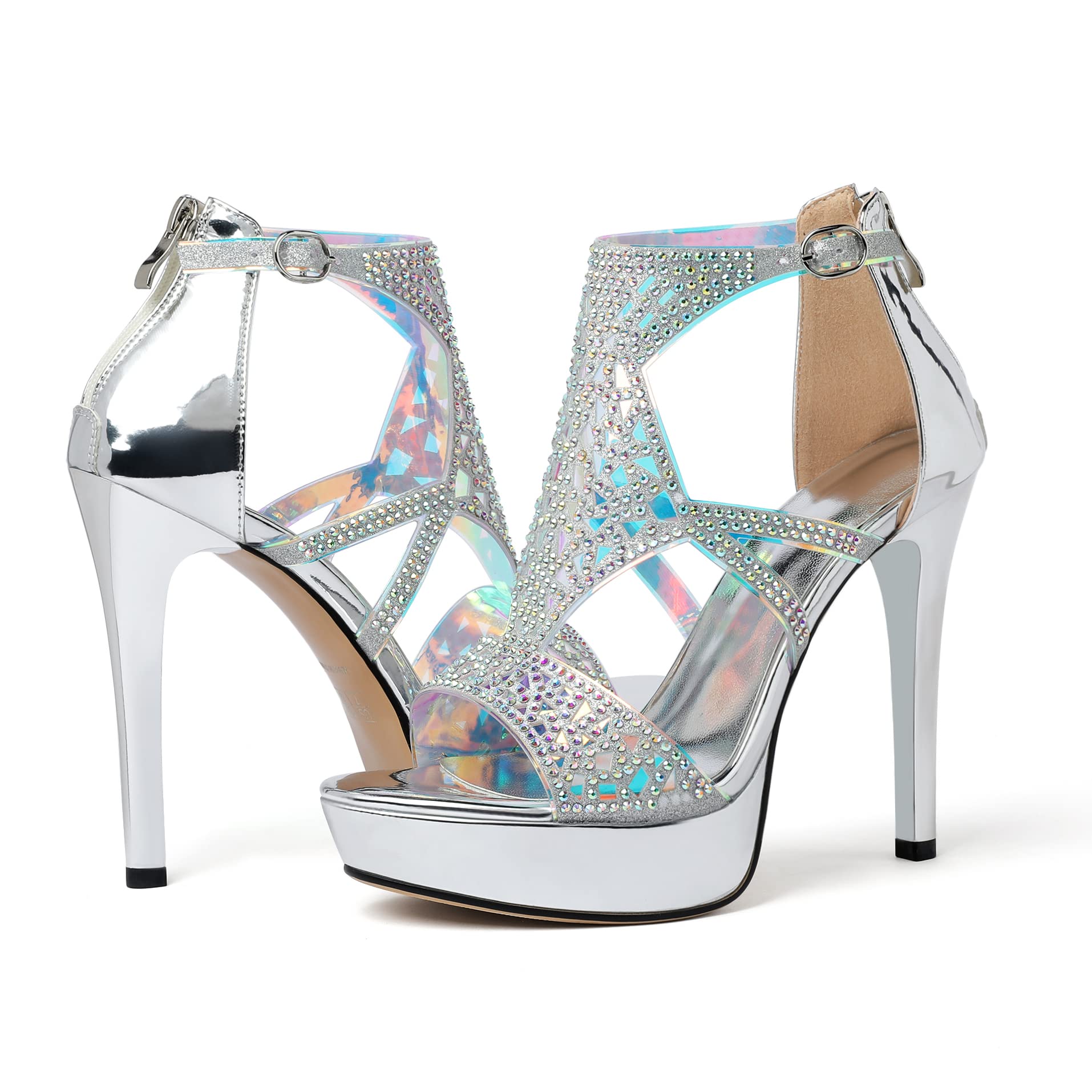 Silver strappy platform heels with glittering rhinestones