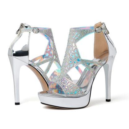 Silver strappy platform heels with glittering rhinestones