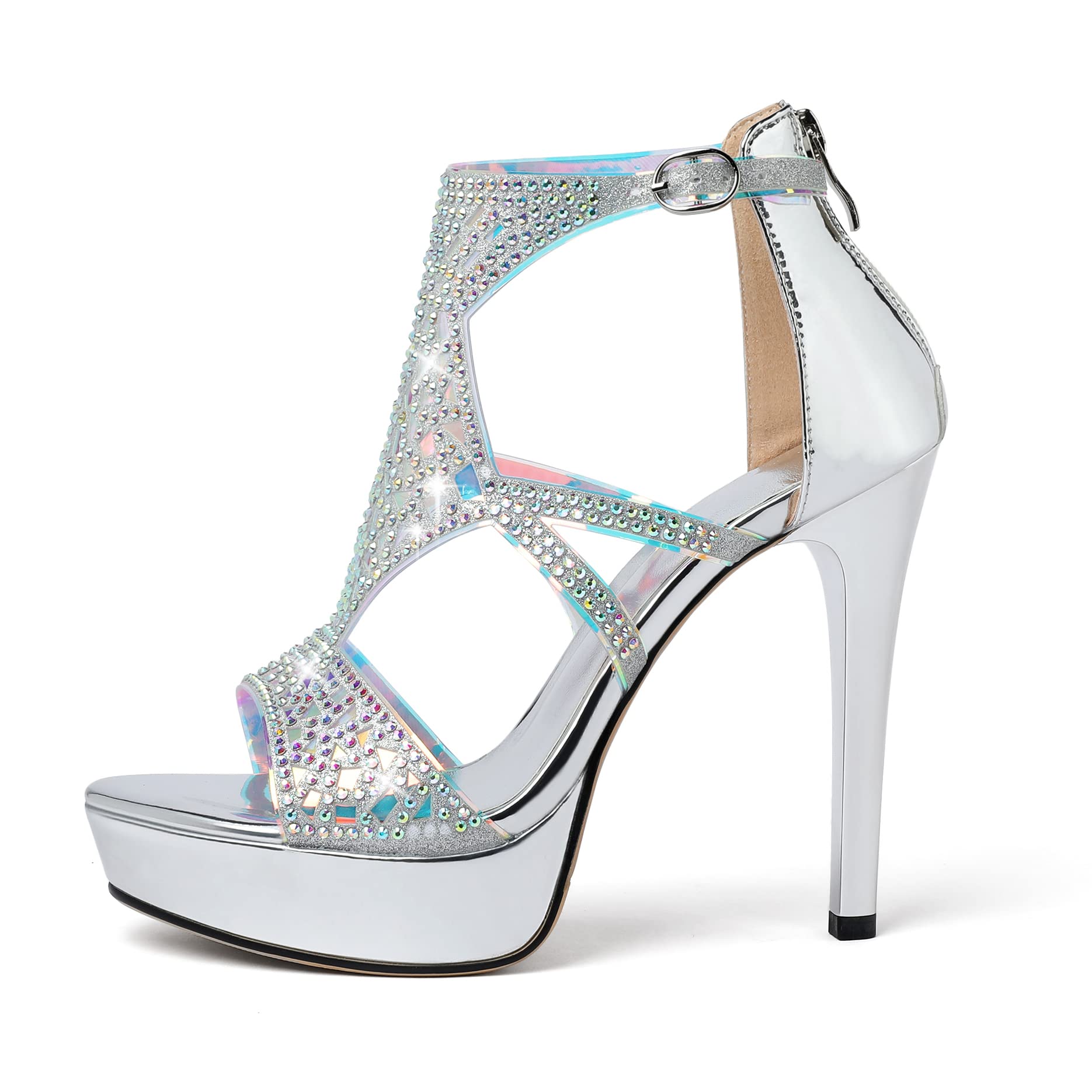 Macro shot of silver heel’s cutout strap and ankle detail