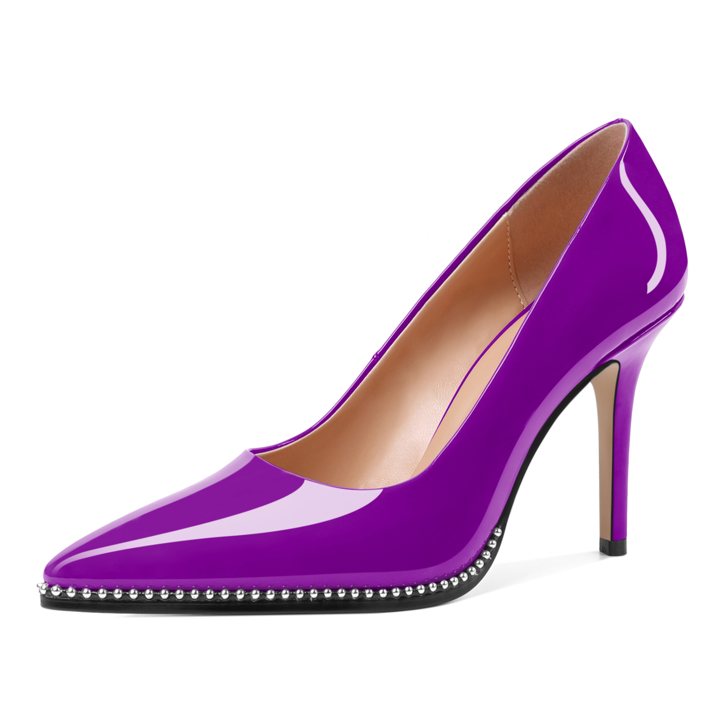 purple shiny beaded stilettos with 3.5 inch heel