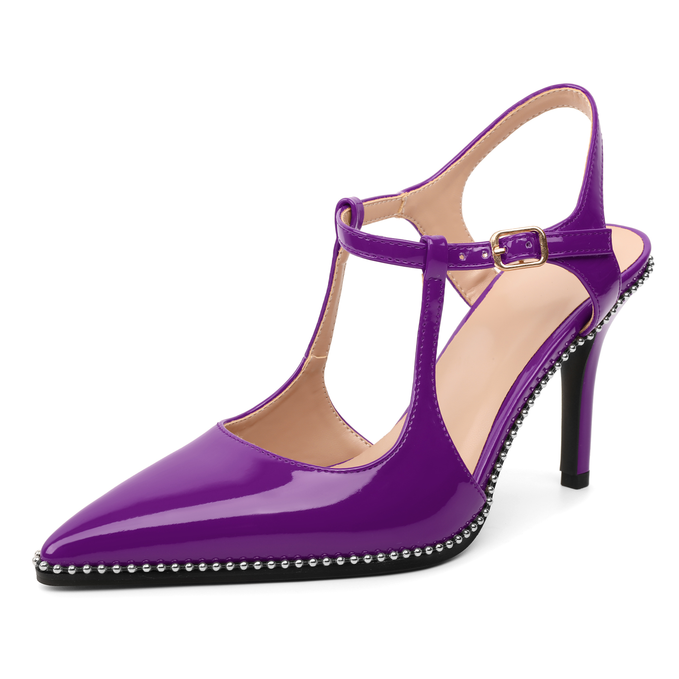 Purple beaded high heels with open side design and slim ankle strap

