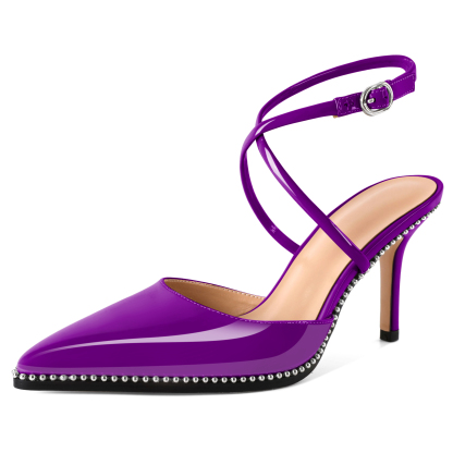 SAMMITOP 3.5 Inch purple slingback stiletto pumps with glossy finish and silver beads