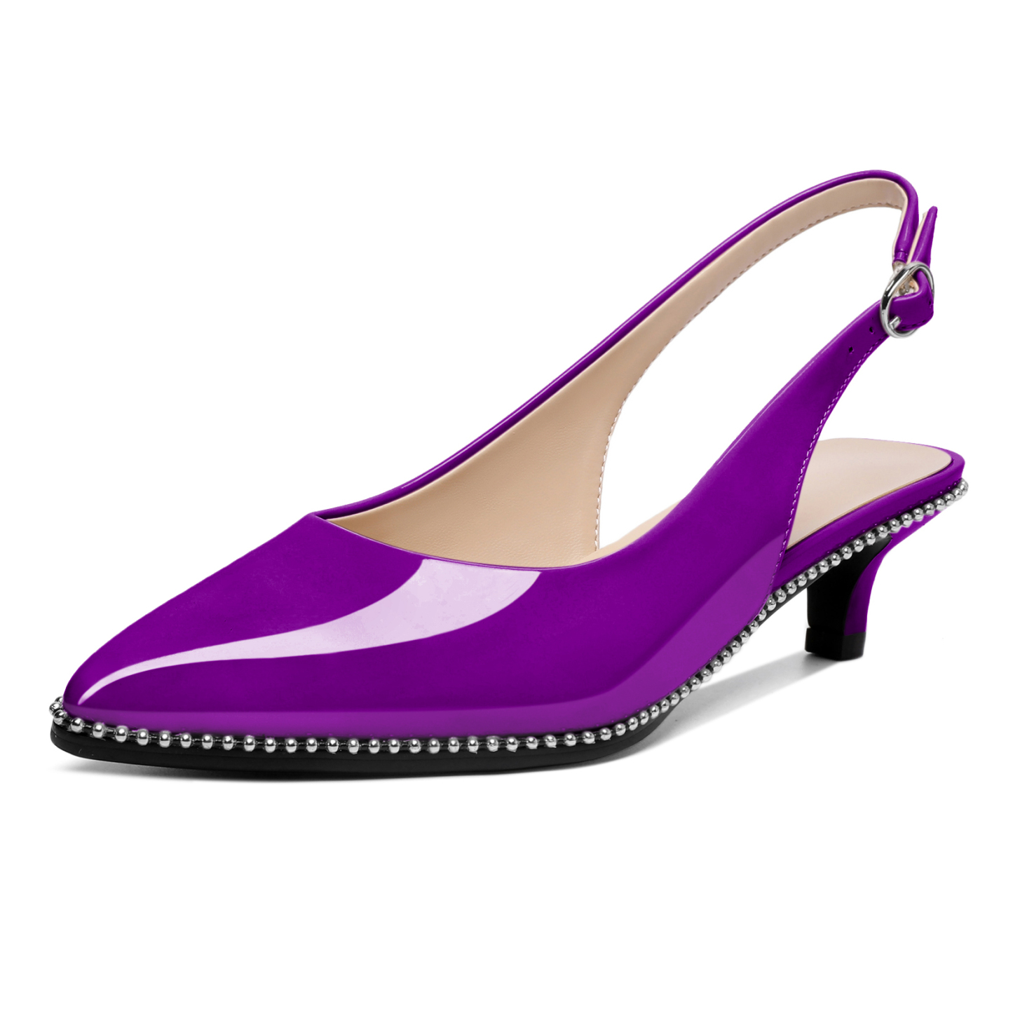 Purple low heel slingback pumps with elegant bead detail