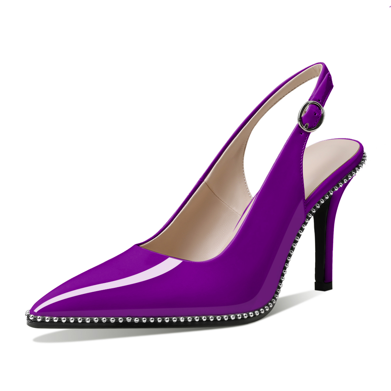 Purple Stiletto Slingback Heels with Shimmering Silver Bead Details