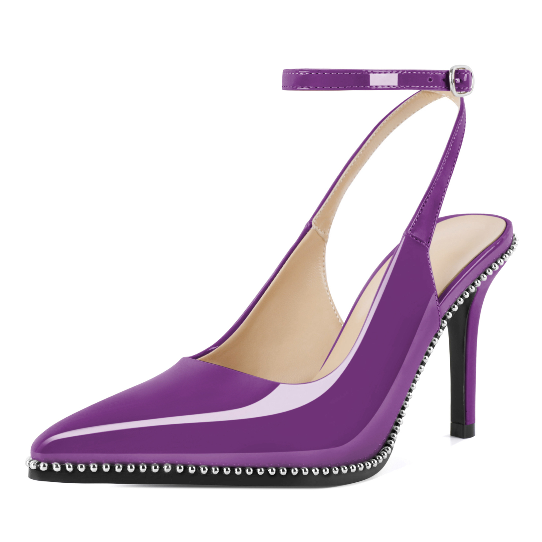  Purple high heel slingbacks with ankle strap and silver bead accents

