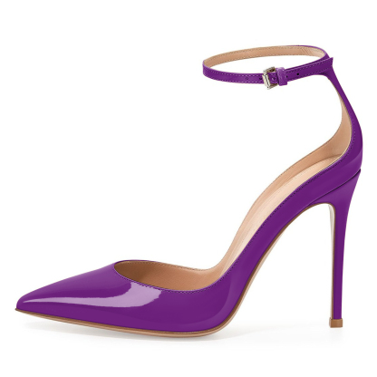 Romantic purple 10cm stiletto pumps with a pointed toe and secure ankle strap, perfect for weddings, date nights, or prom
