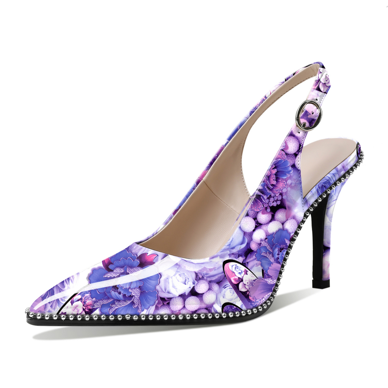 Purple Peony Patterned Slingback Heels with Bead Embellishments