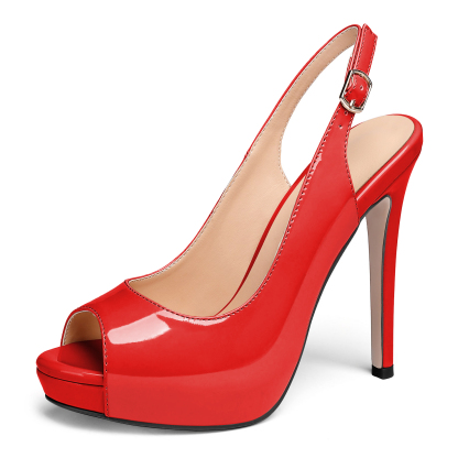 Bright red stiletto peep toe slingback pumps for women
