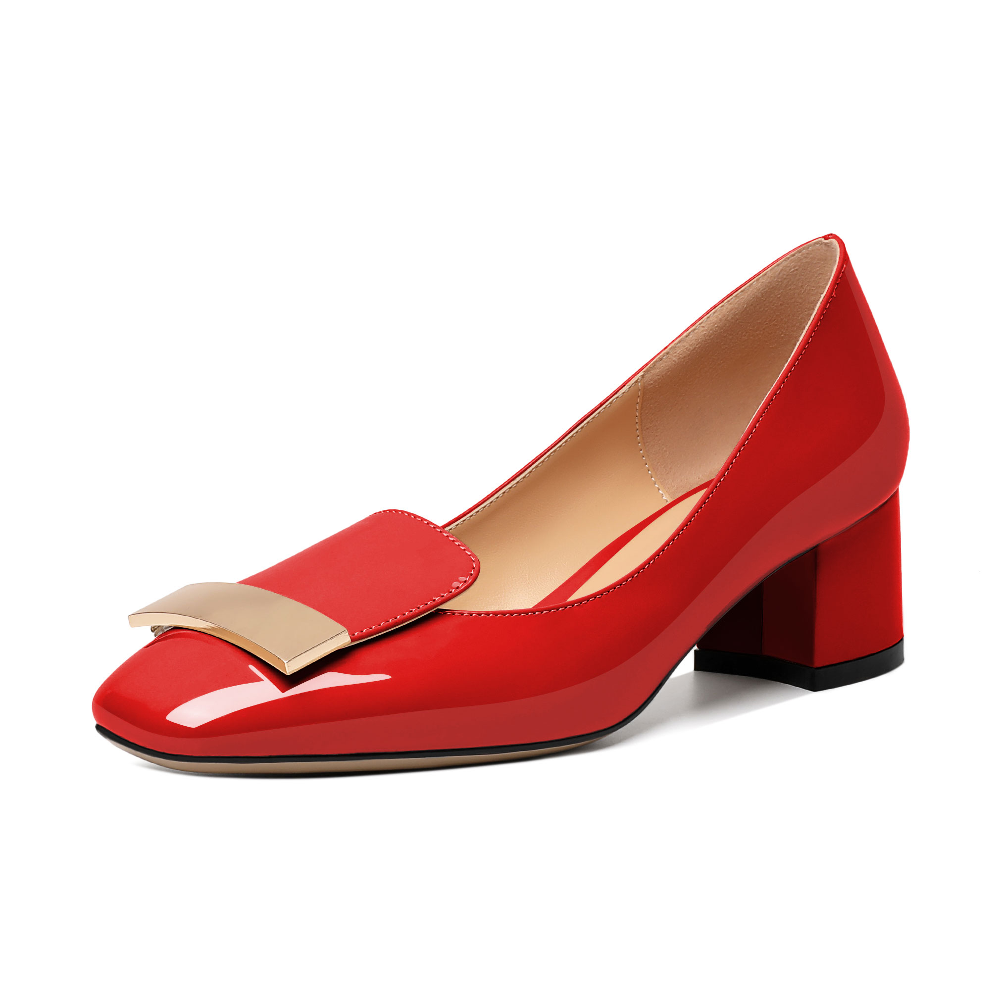 Bold red block heel shoes with slip-on square toe style